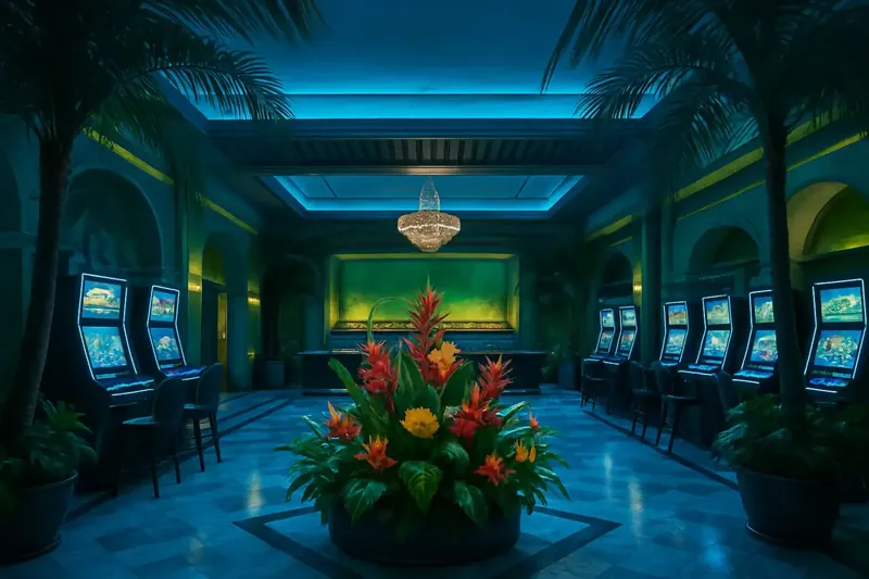 Lobby de cassino elegante com decoração tropical brasileira, flores exóticas e telas de jogos brilhantes